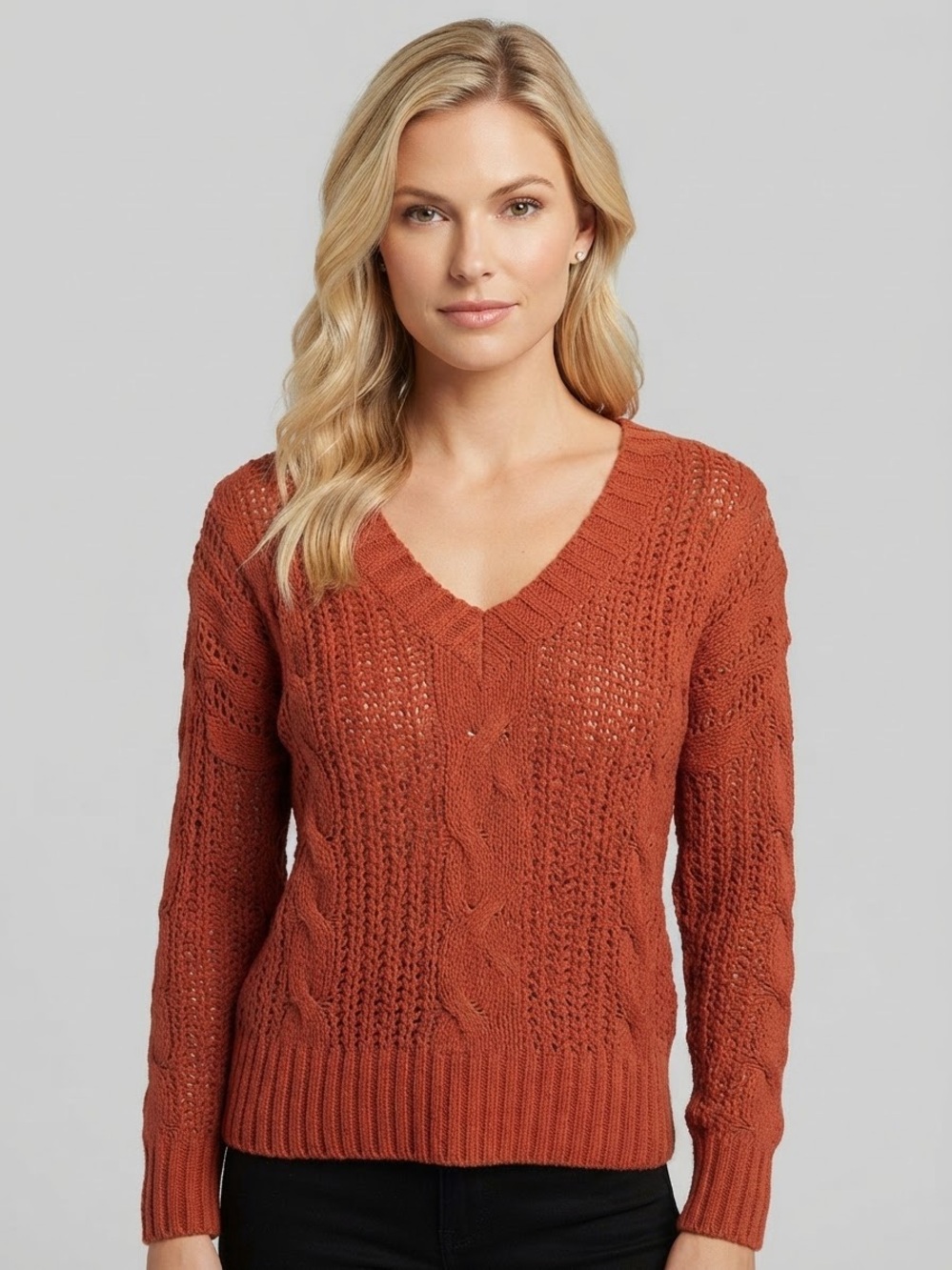 Women's Poof Apparel Rust Cable Knit V-Neck Sweater Size L